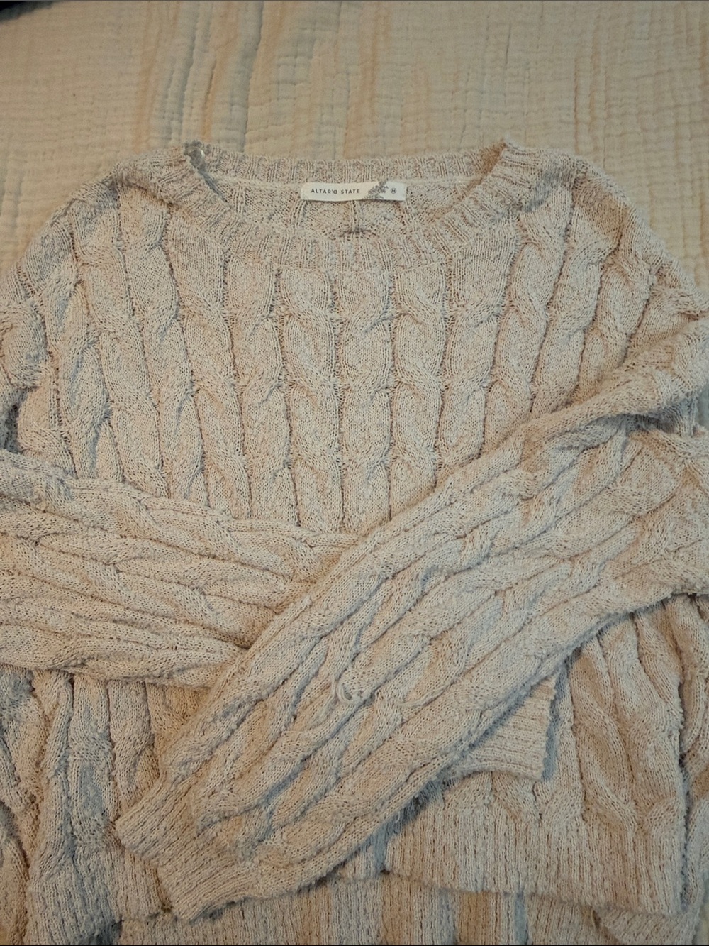 Altar'd State Cozy Cable Crewneck Sweater in Light Taupe